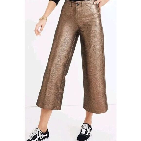 Madewell Pants Size 32 Rose Gold Bronze Metallic‎ Emmett Wide Leg Cropped - Picture 1 of 16